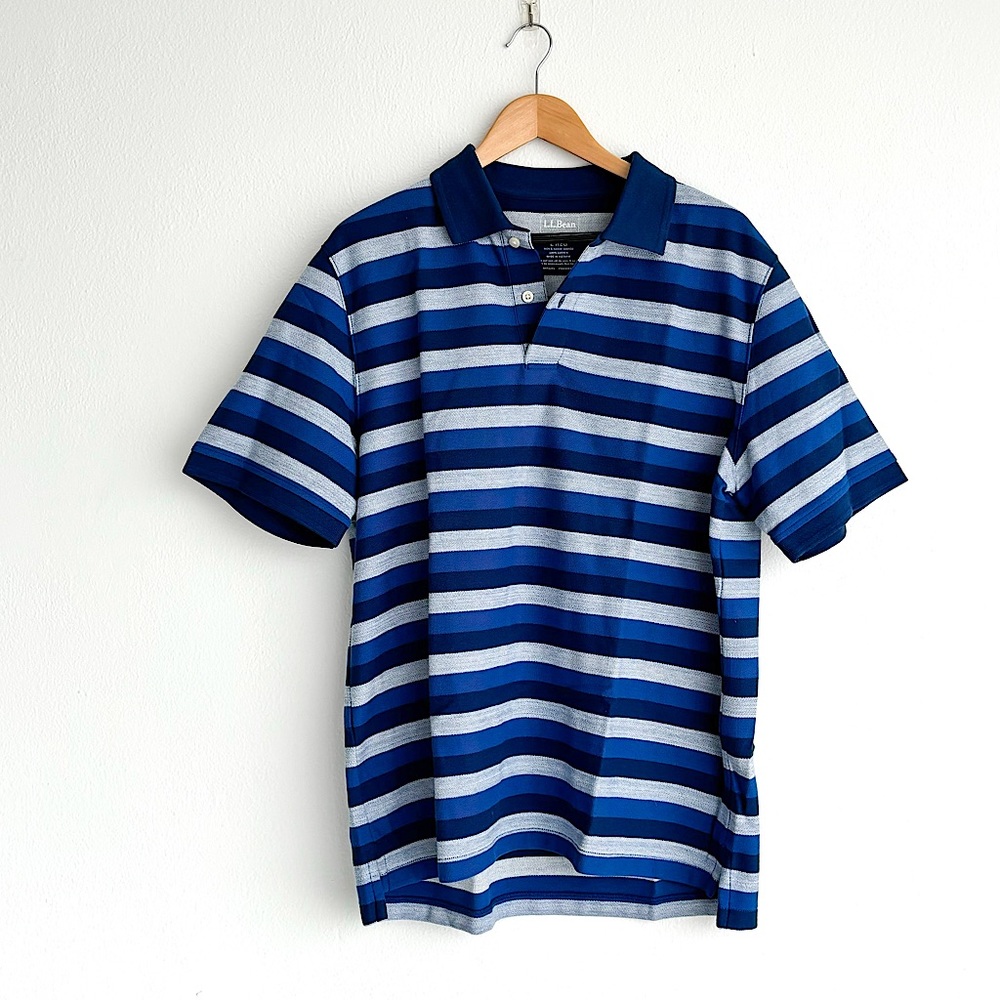 NWT Mens large LL Bean blue and gray striped polo